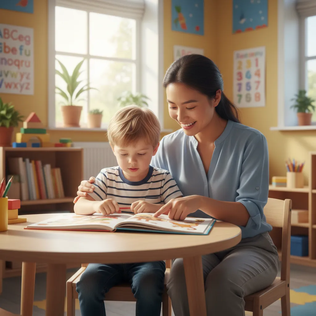Asian teacher and caucasian child learning together