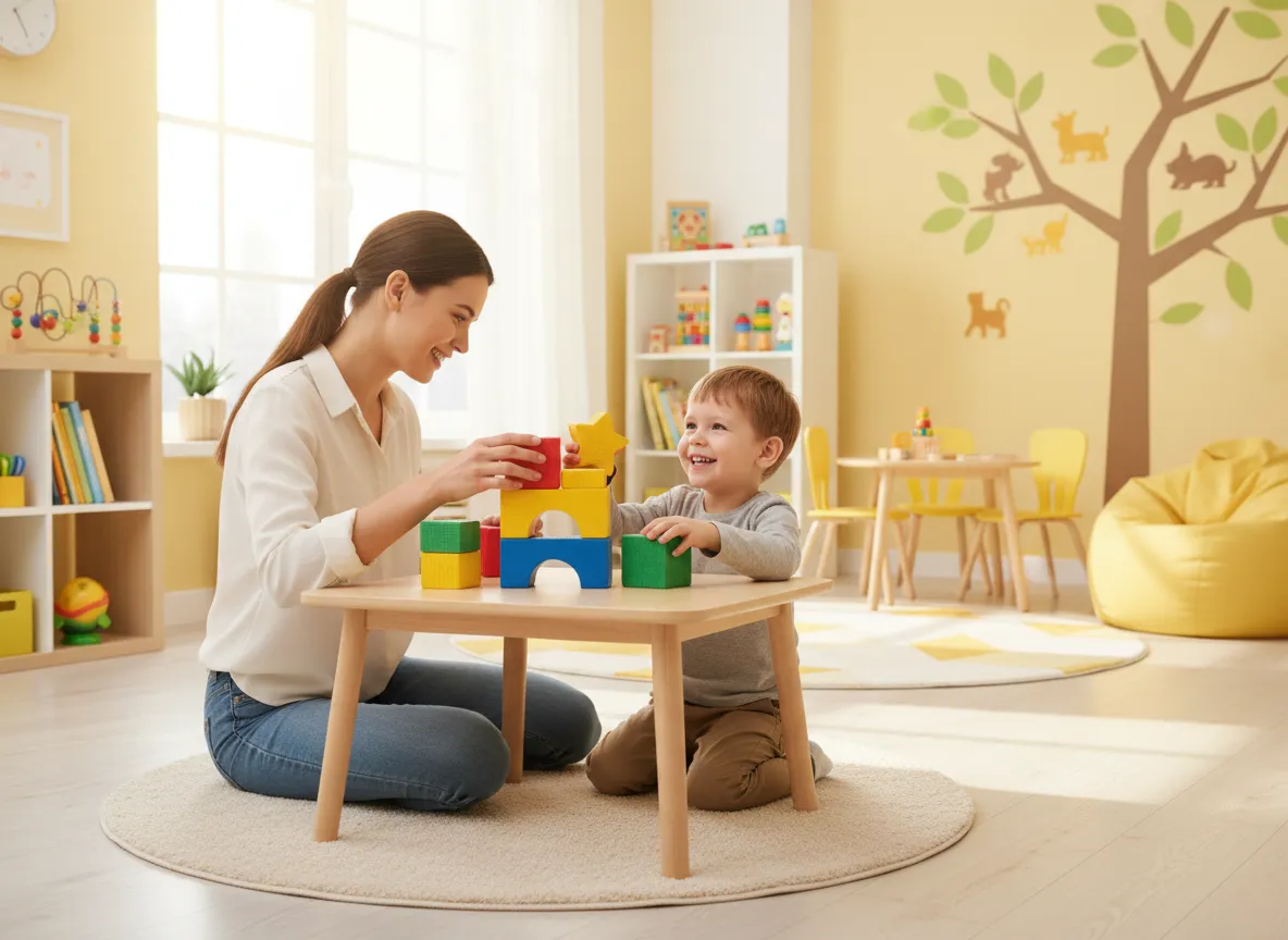 A female therapist and a young child play with colorful toys in a bright, modern therapy room
