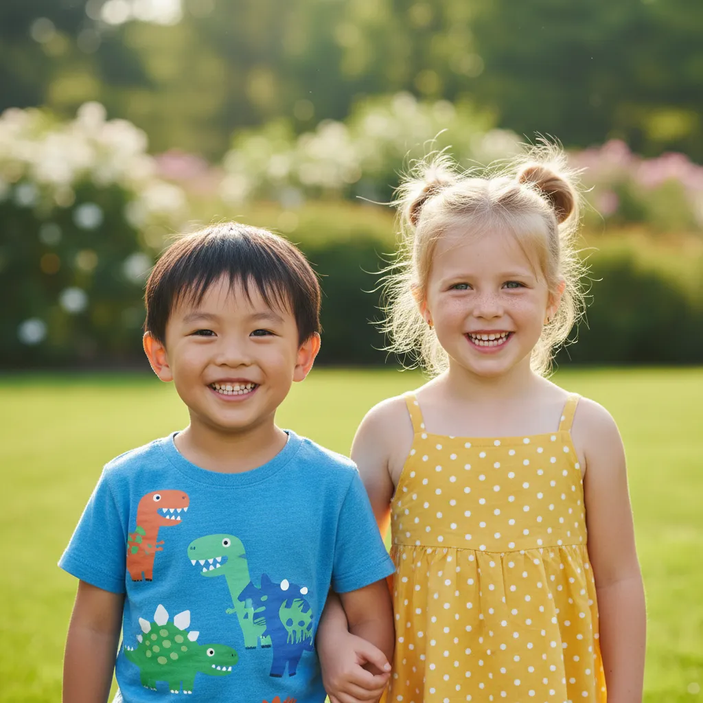A young Asian boy and a young Caucasian girl, both approximately 4-5 years old, smiling.