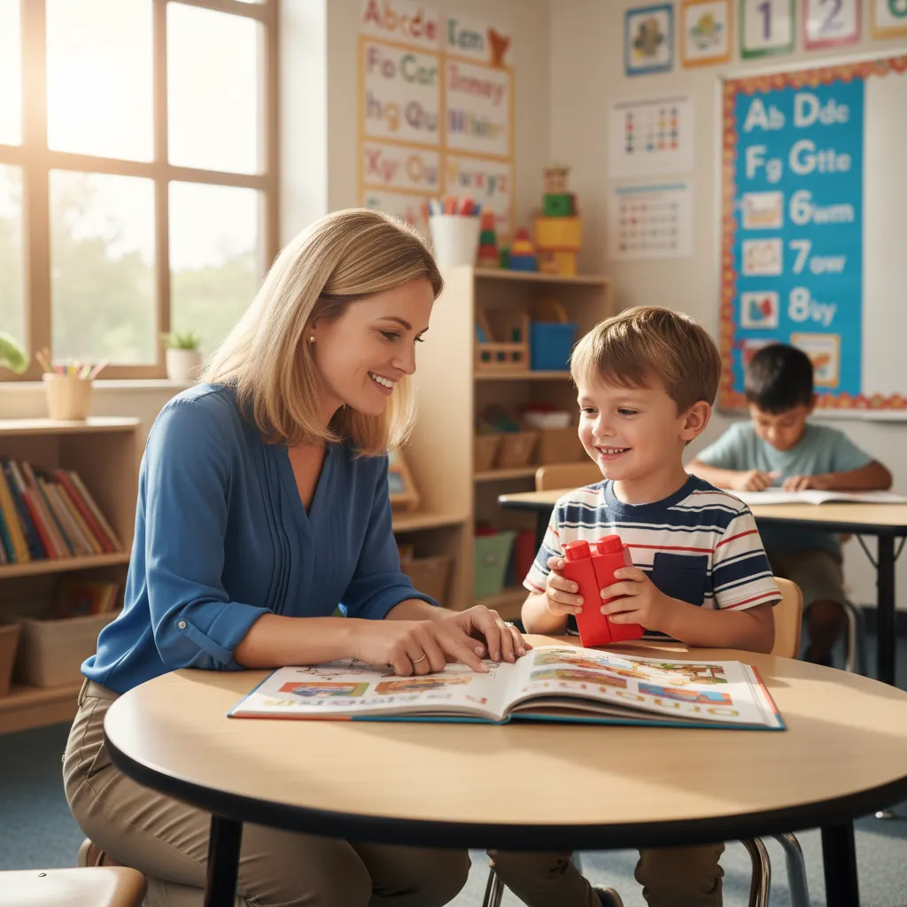 A Caucasian teacher and child in a well-lit classroom, engaged in a friendly educational activity.